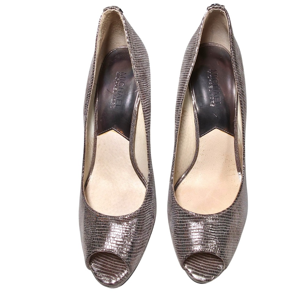 Michael Kors York Lt Gold Metallic Snake Print Peep Toe Platform Stiletto‎ Heels